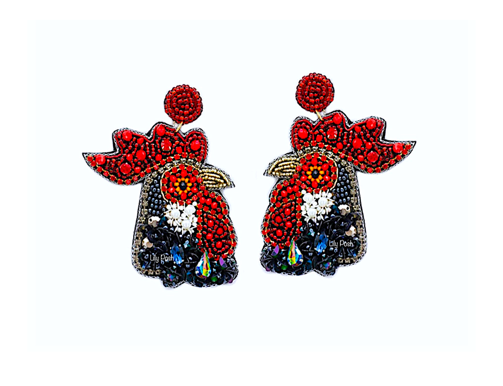 Rooster Seed Bead Earring, Chicken Farm Garden  
