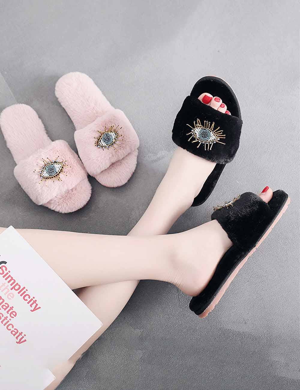 Beaded Evil Eye Fuzzy Soft Slippers