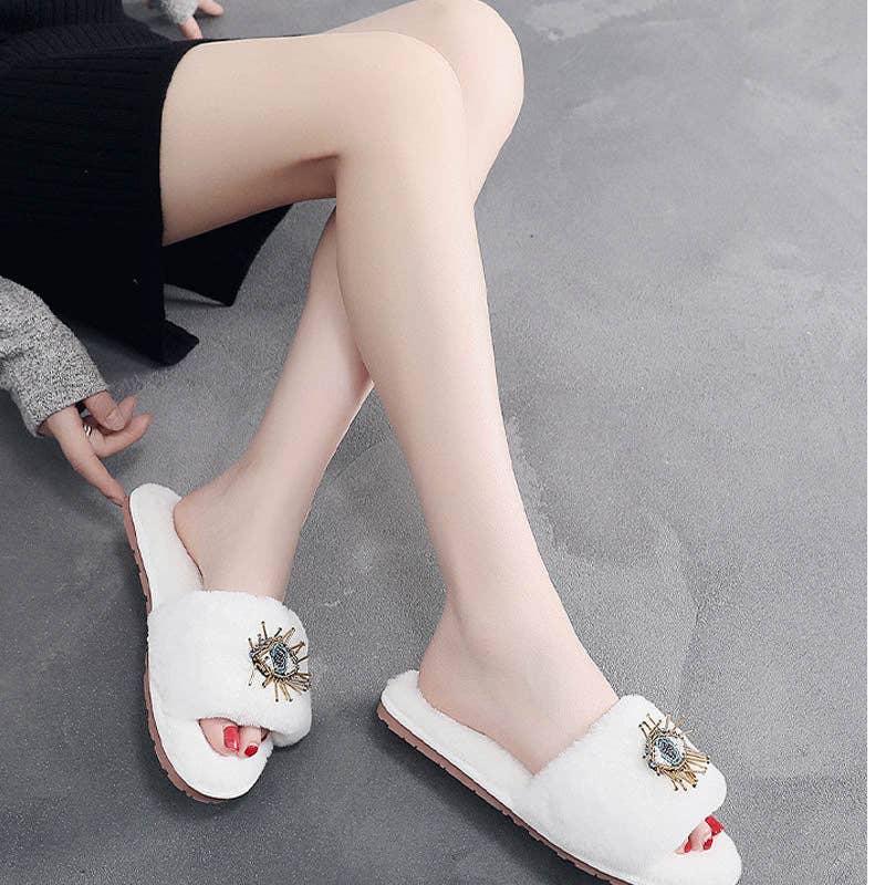 Beaded Evil Eye Fuzzy Soft Slippers
