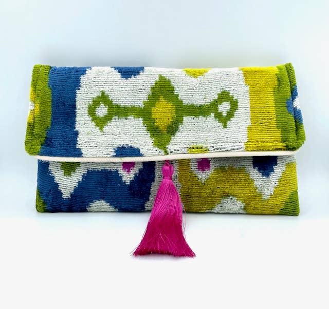 Ikat - Handwoven Silk and Cotton Clutch with hidden Chain Strap
