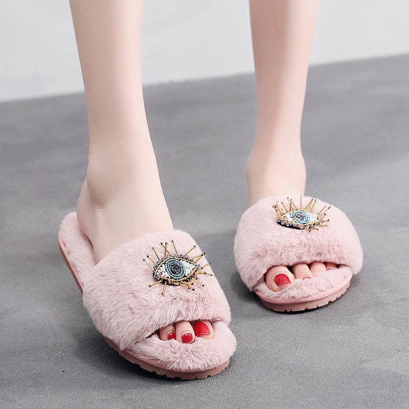 Beaded Evil Eye Fuzzy Soft Slippers