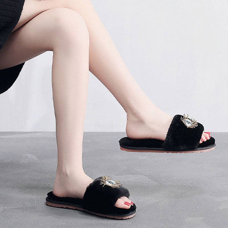 Beaded Evil Eye Fuzzy Soft Slippers