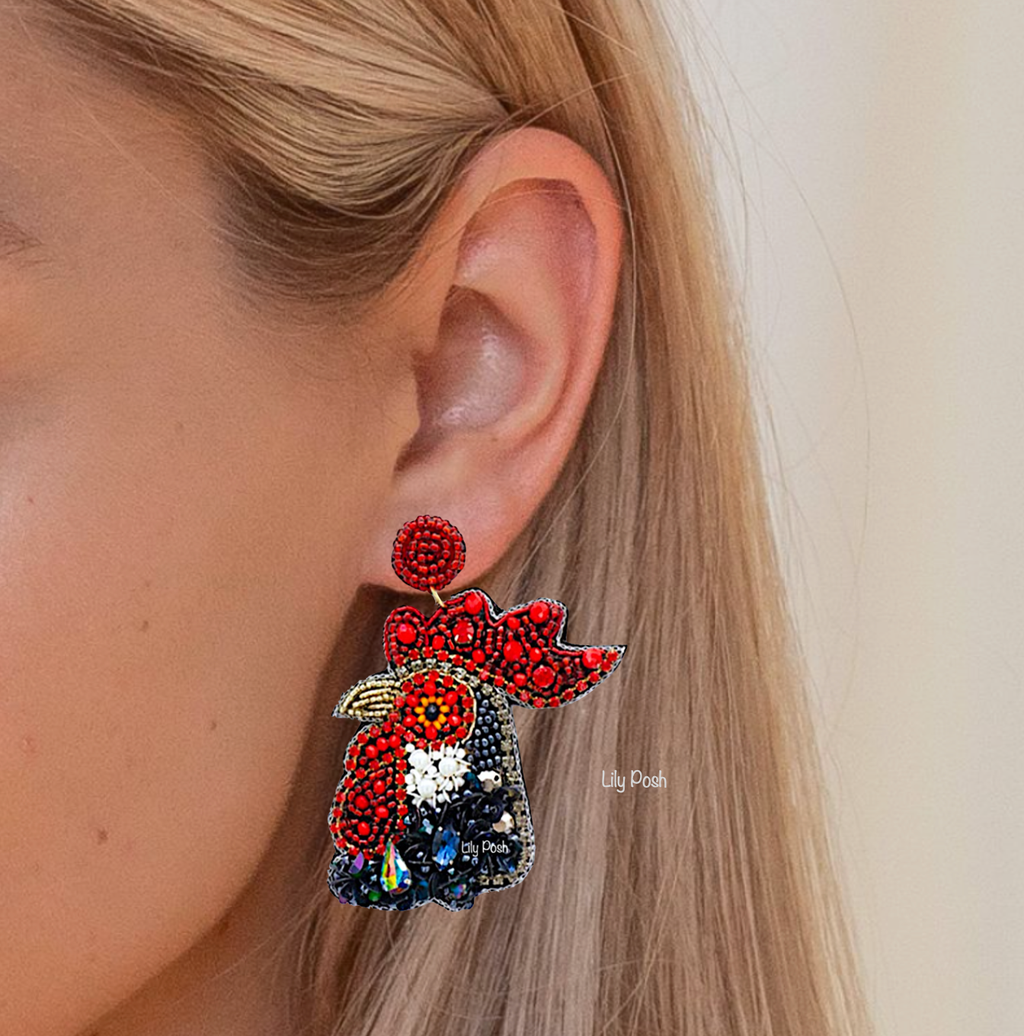 Rooster Seed Bead Earring, Chicken Farm Garden  