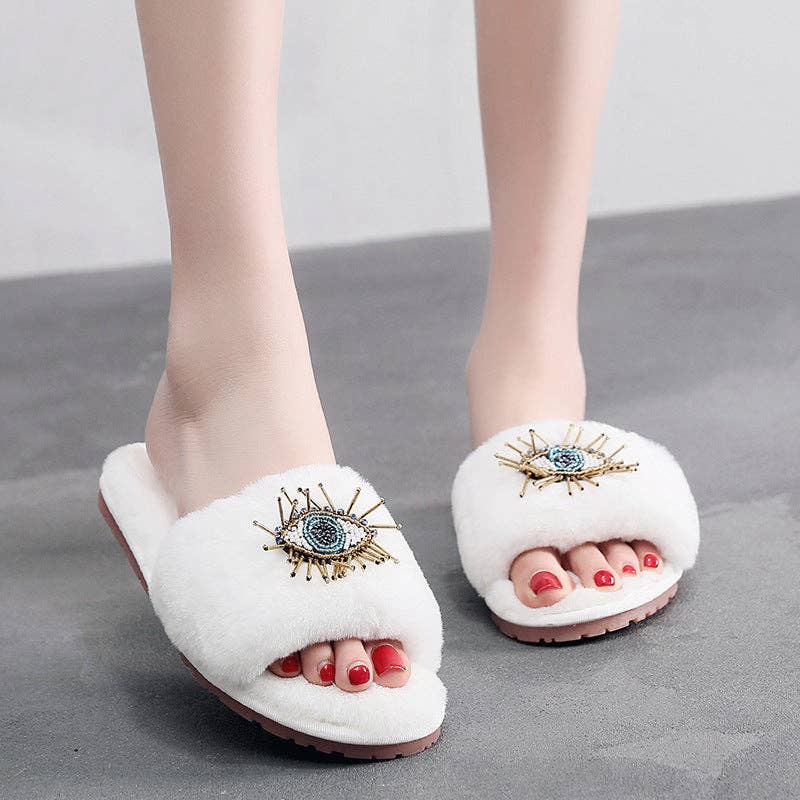 Beaded Evil Eye Fuzzy Soft Slippers