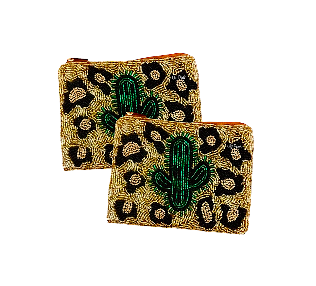 Beaded Cactus Coin Purse, Boho Beaded Bag  