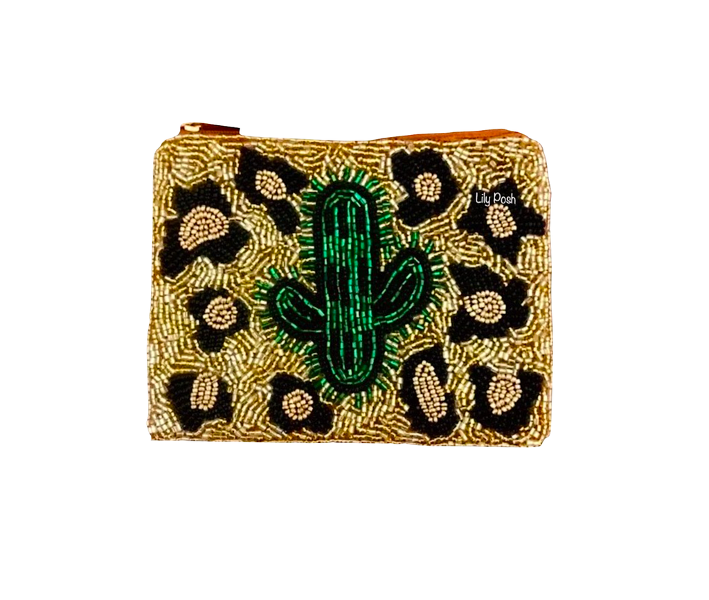 Beaded Cactus Coin Purse, Boho Beaded Bag  