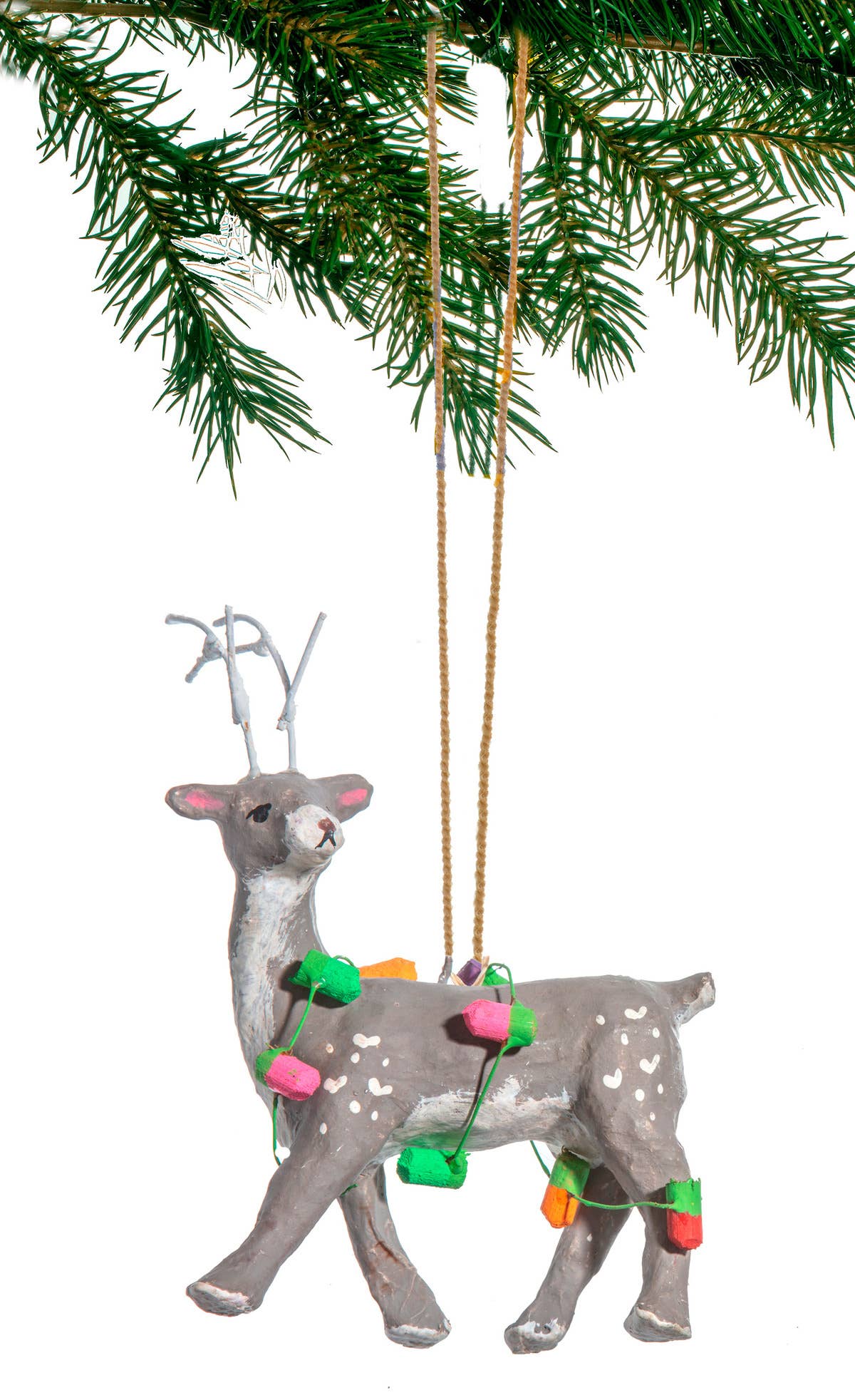 Paper Mache Reindeer & Lights Ornament