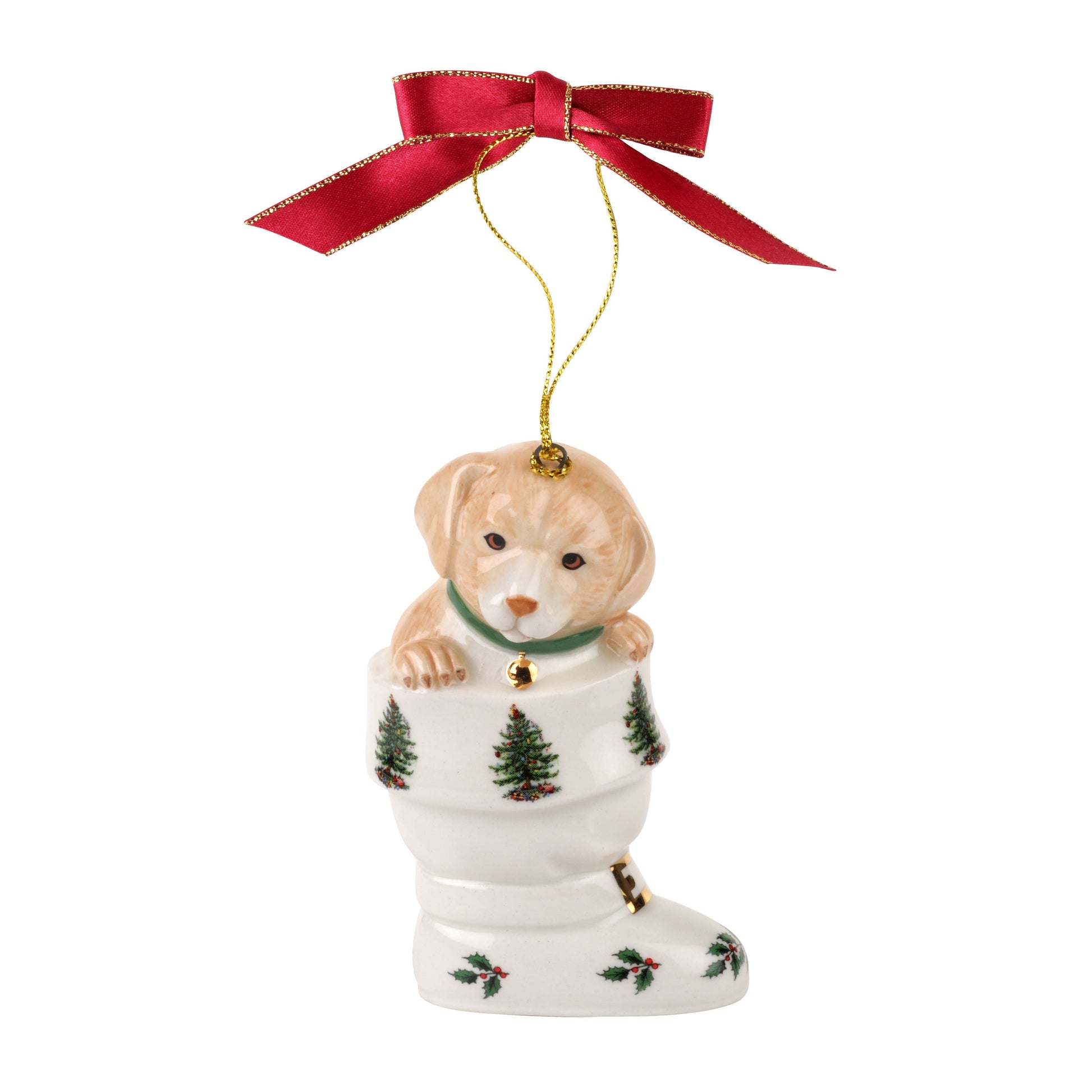 Portmeirion, Spode, Pimpernel, Wrendale Designs - Christmas Tree Puppy in Boot Ornament