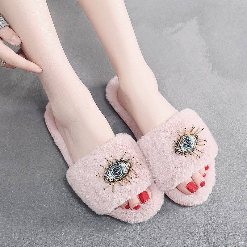Beaded Evil Eye Fuzzy Soft Slippers