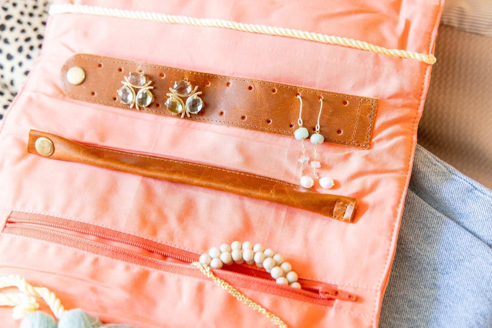 Rahab's Rope - Embroidered Velvet Jewelry Organizer- Coral