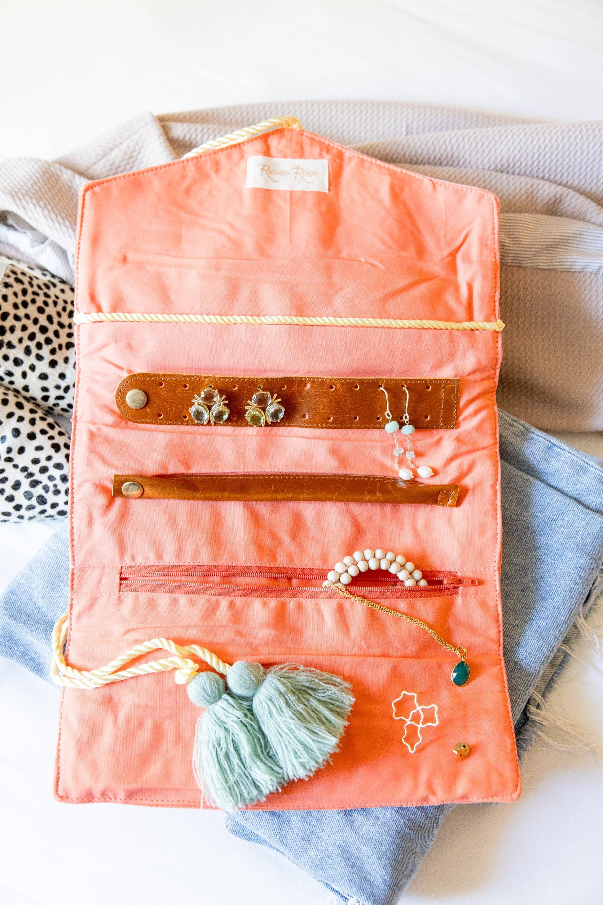 Rahab's Rope - Embroidered Velvet Jewelry Organizer- Coral