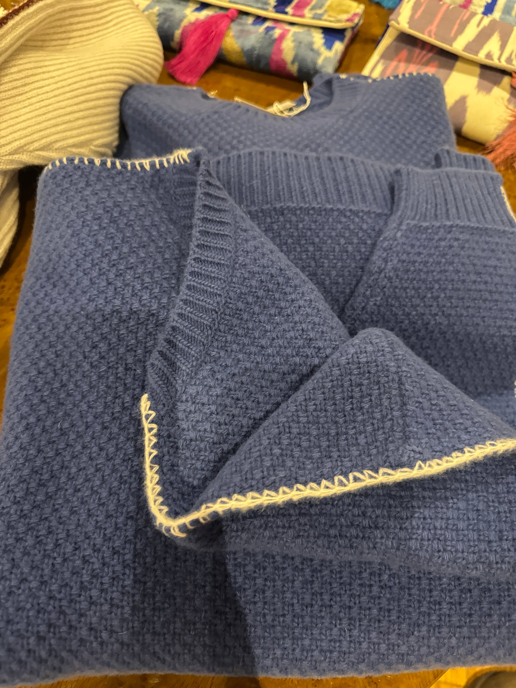 Artisanal Cornucopia riso pattern cashmere wool blend sweater with hand stitching detail