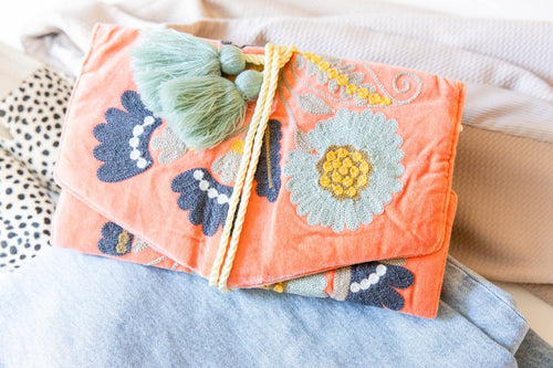 Rahab's Rope - Embroidered Velvet Jewelry Organizer- Coral
