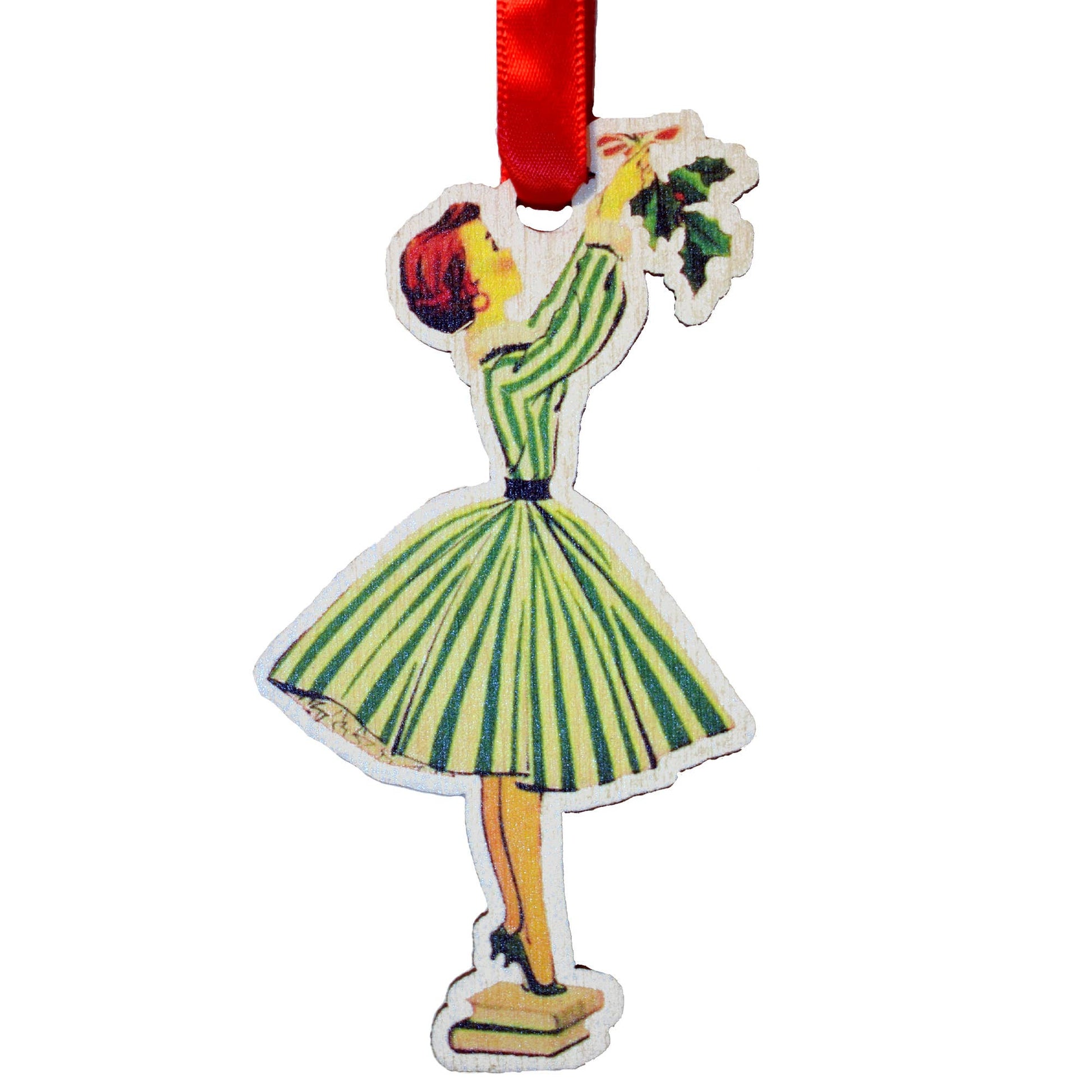 Vintage wooden Lady Hanging Mistletoe Ornament