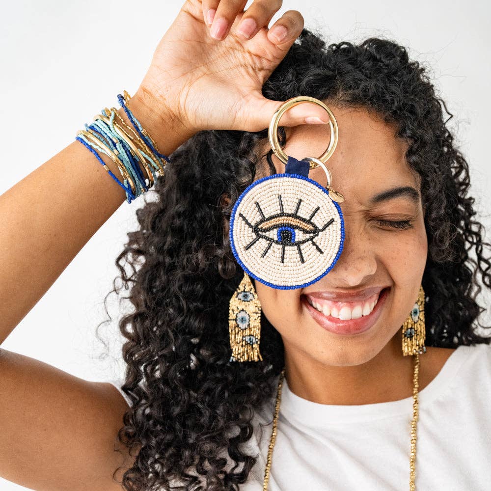 INK + ALLOY - Kelsey Evil Eye Seed Bead Bag Charm Key Ring Royal Blue
