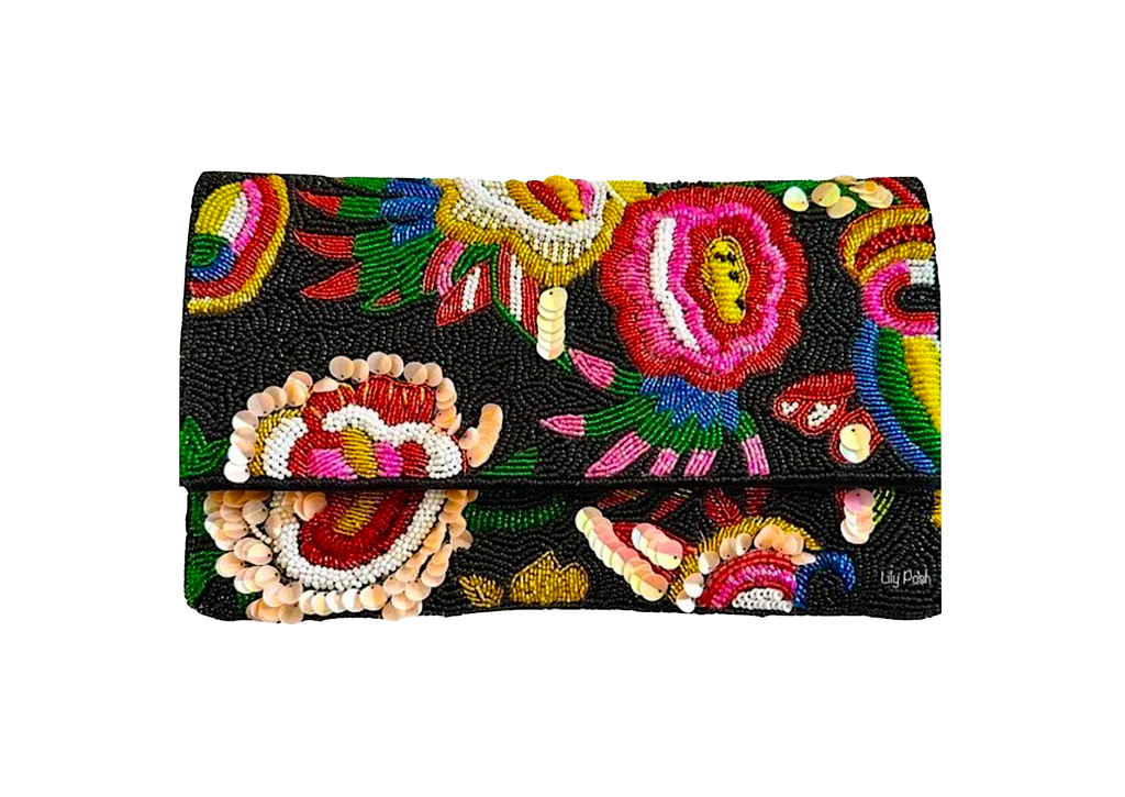Beaded Floral Clutch Crossbody Bag