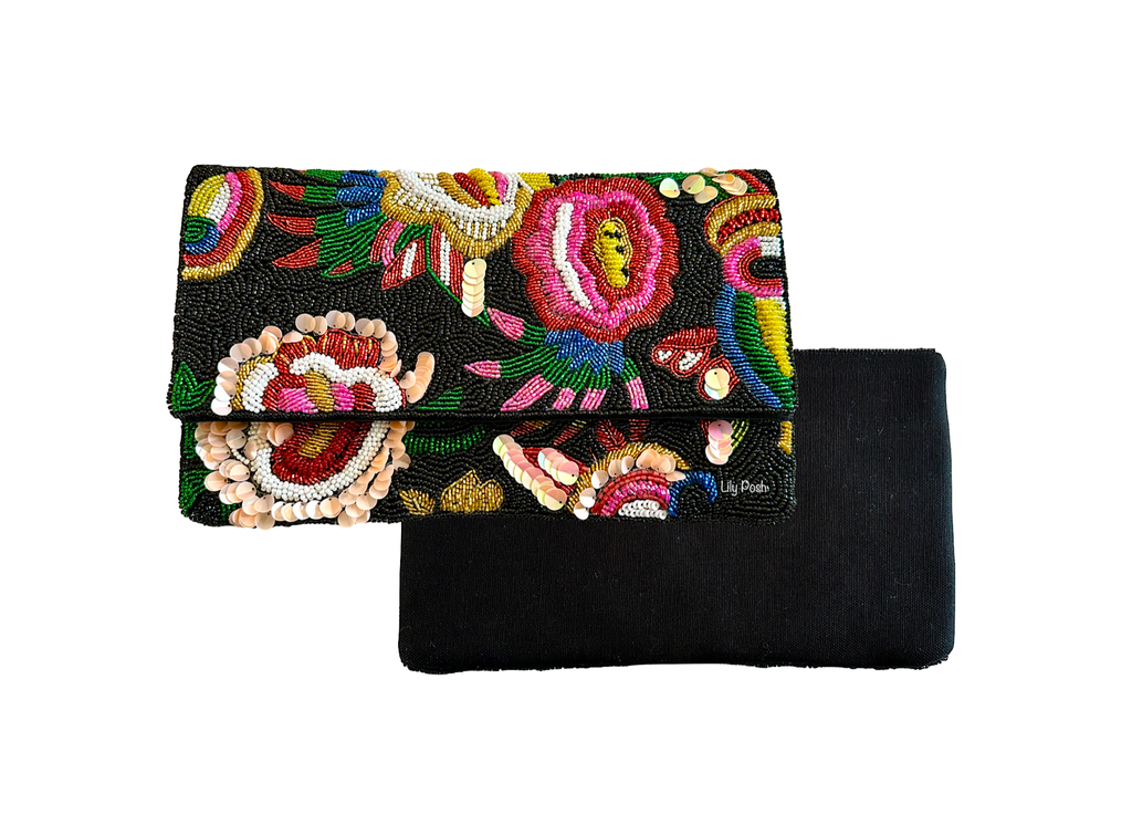 Beaded Floral Clutch Crossbody Bag