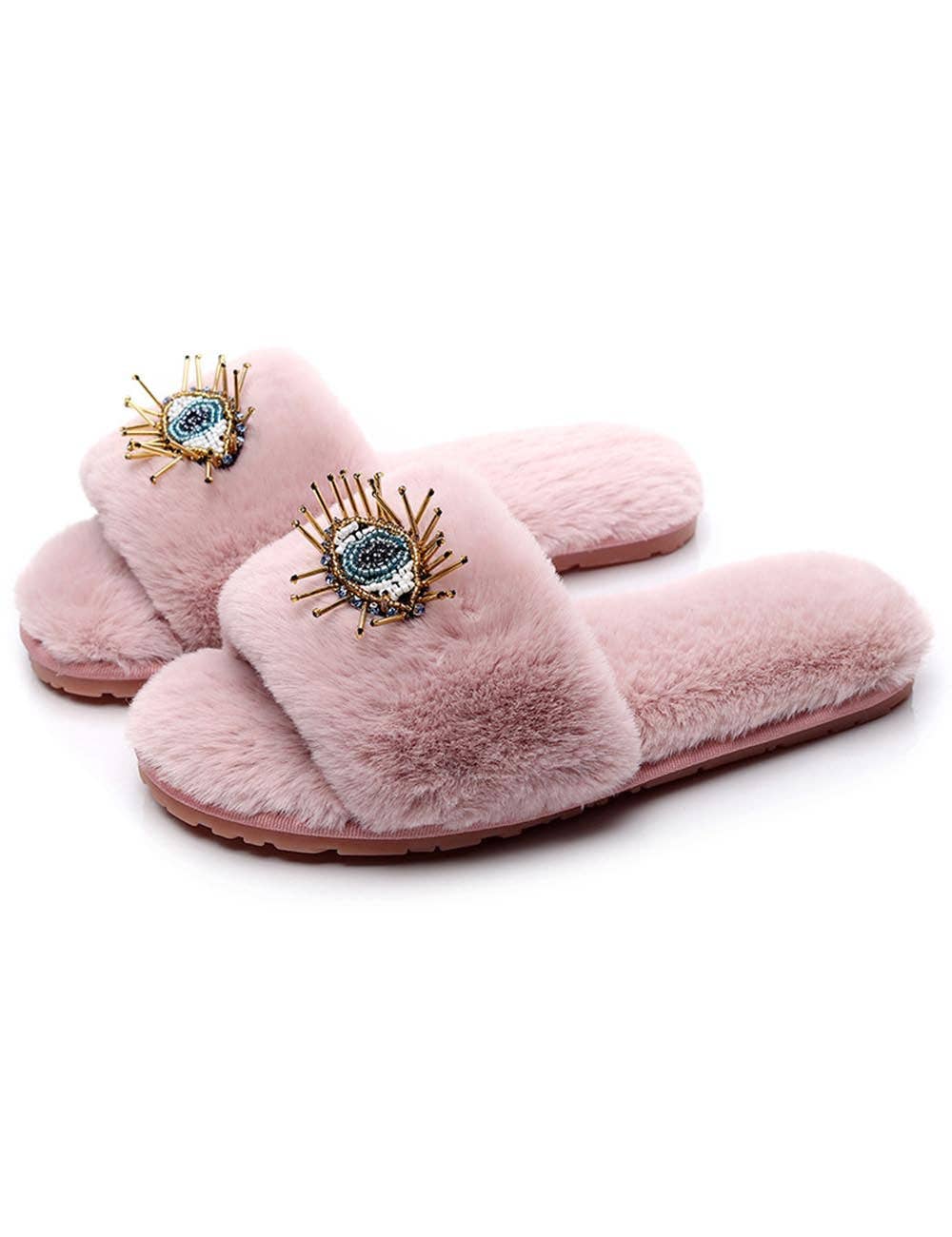 Beaded Evil Eye Fuzzy Soft Slippers