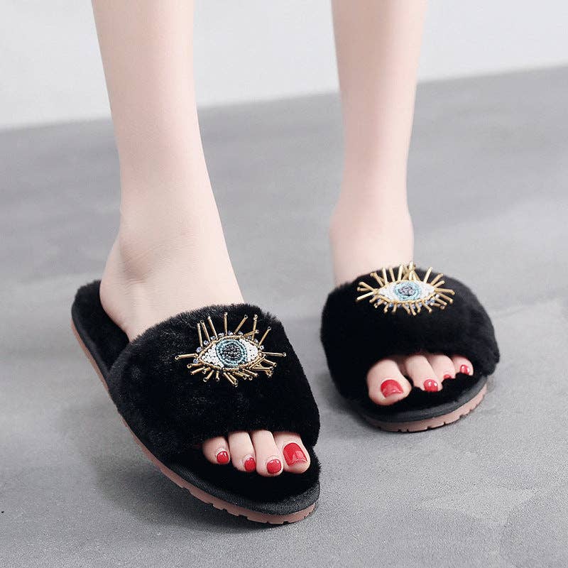 Beaded Evil Eye Fuzzy Soft Slippers