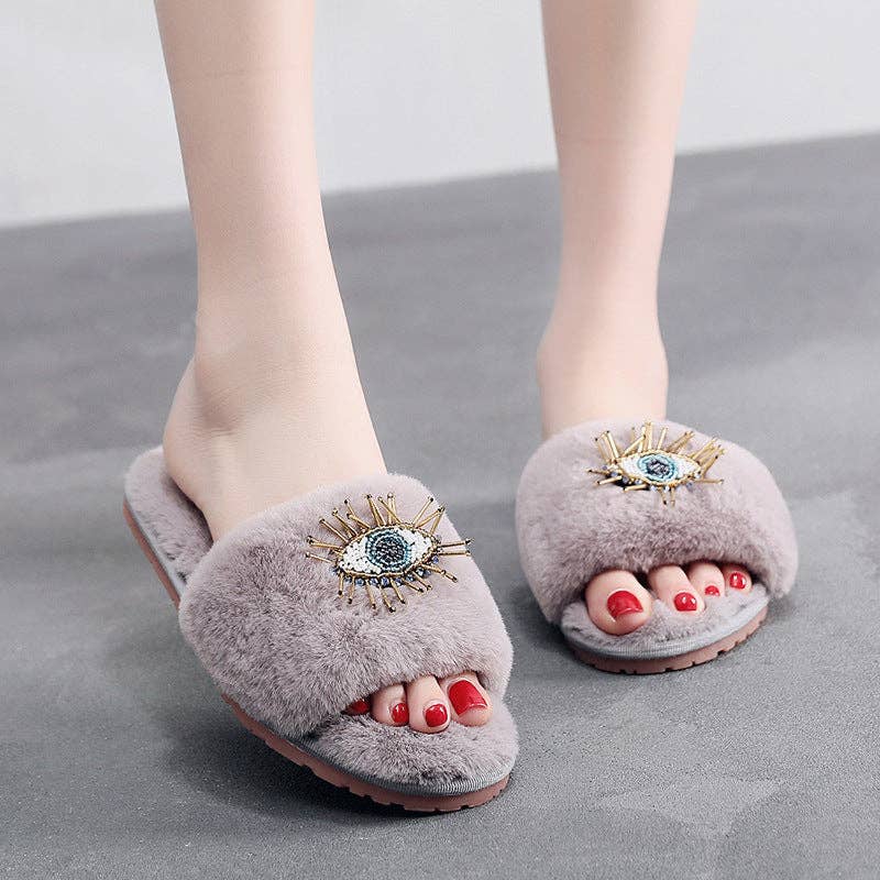 Beaded Evil Eye Fuzzy Soft Slippers