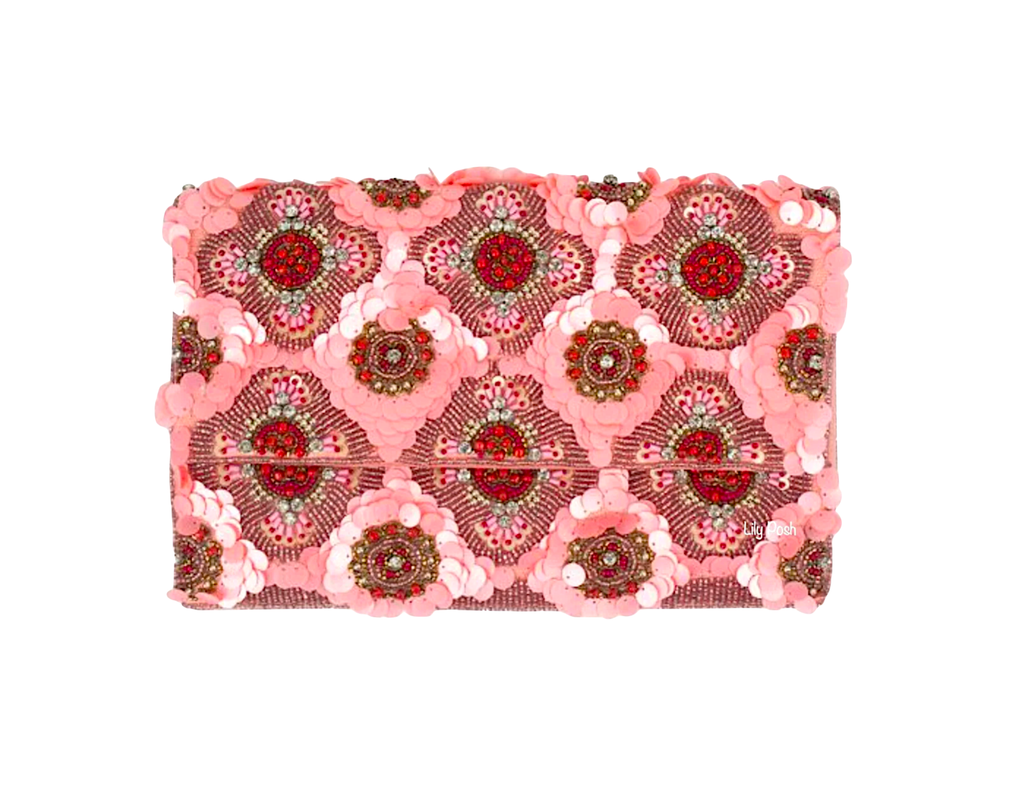 Pink Sequins Clutch Crossbody Bag, Fully Beaded Bag