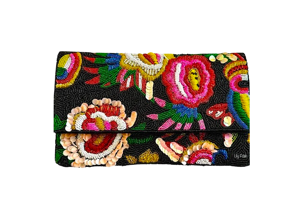 Beaded Floral Clutch Crossbody Bag
