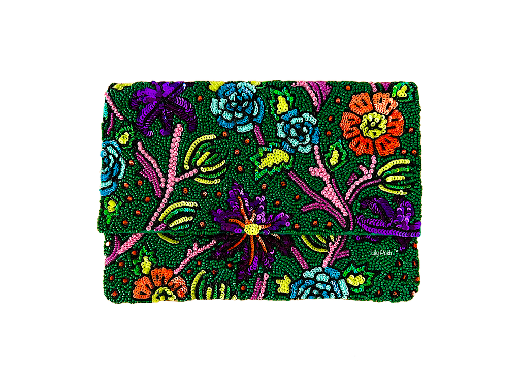 Beaded Floral Clutch Crossbody Bag