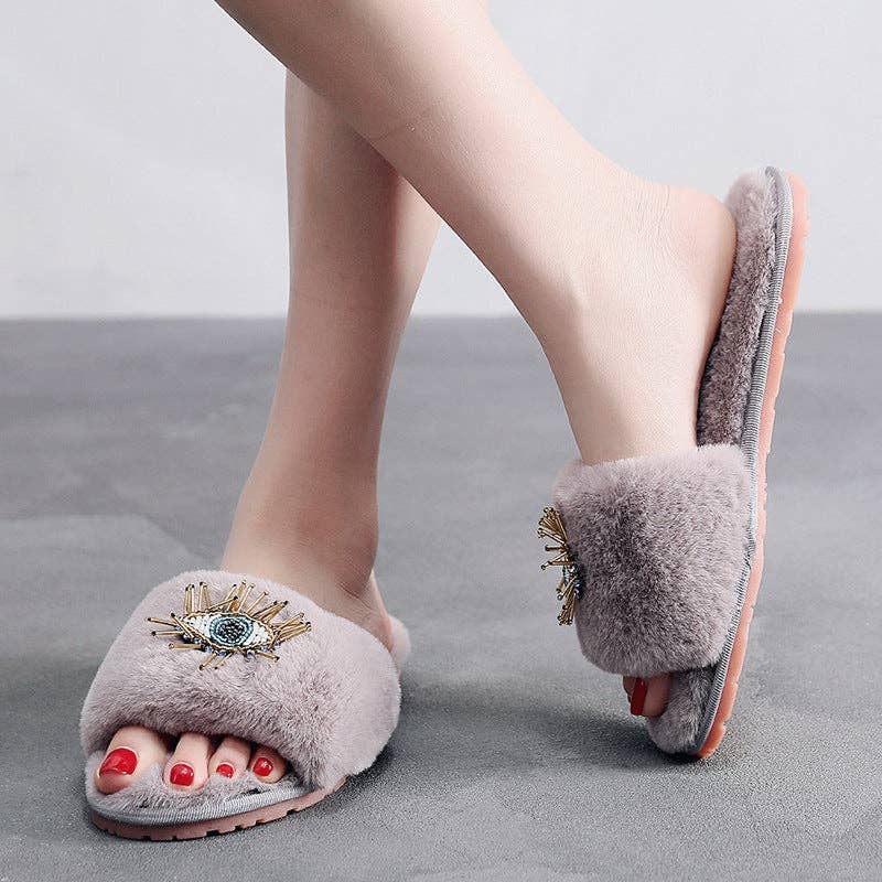 Beaded Evil Eye Fuzzy Soft Slippers